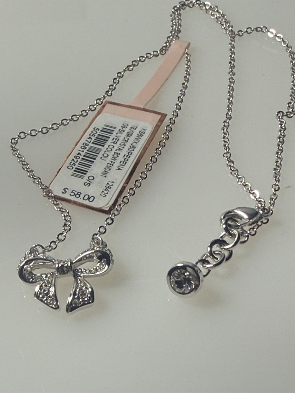 Ted Baker Silver Bow Pendant Necklace with Clear Crystals